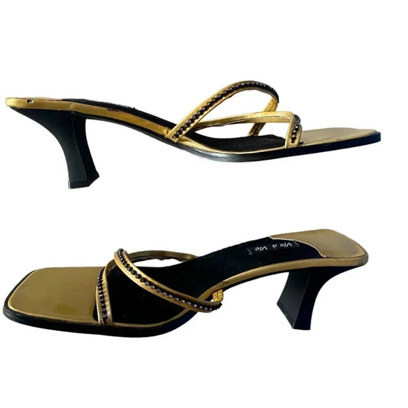 y2K Square Toe Slip On Block Heel Sandals Womens 8.5 Rhinestones 90s - Picture 2 of 8